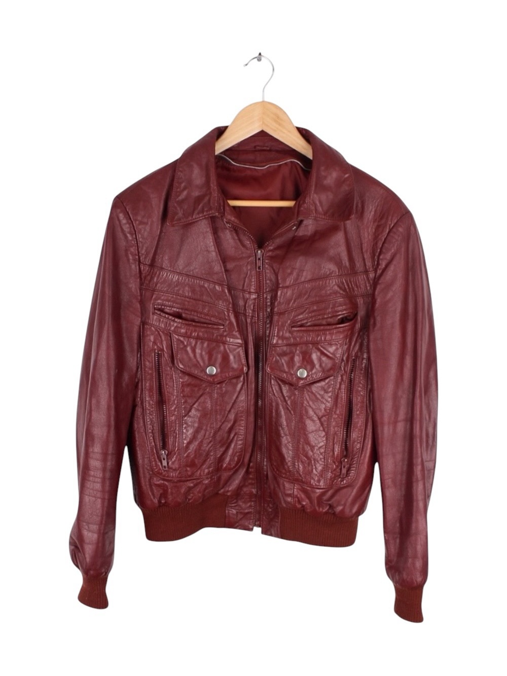 Vintage Burgundy Leather Bomber Jacket Full Zip Multi Pocket Men's Small